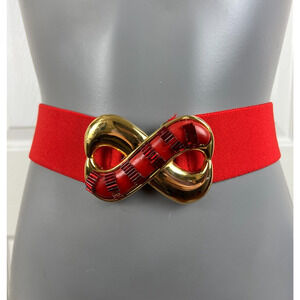Vintage Day-Lor Gold Infinity Red Buckle Red Stretch Belt 80s retro beaded Med.